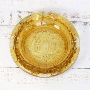 Vintage 6" Amber Yellow Ashtray Embossed Flower Trinket Dish Retro Gift for Her